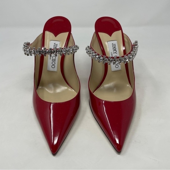Jimmy Choo Bing 100 Red Patent Leather Heeled Mules with Crystal Strap NWT - Picture 7 of 16